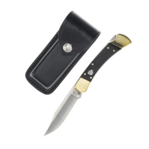 Buck 110 AUTO Folding Hunter 3.75" Plain Blade, Ebony Wood Handles, Leather Sheath