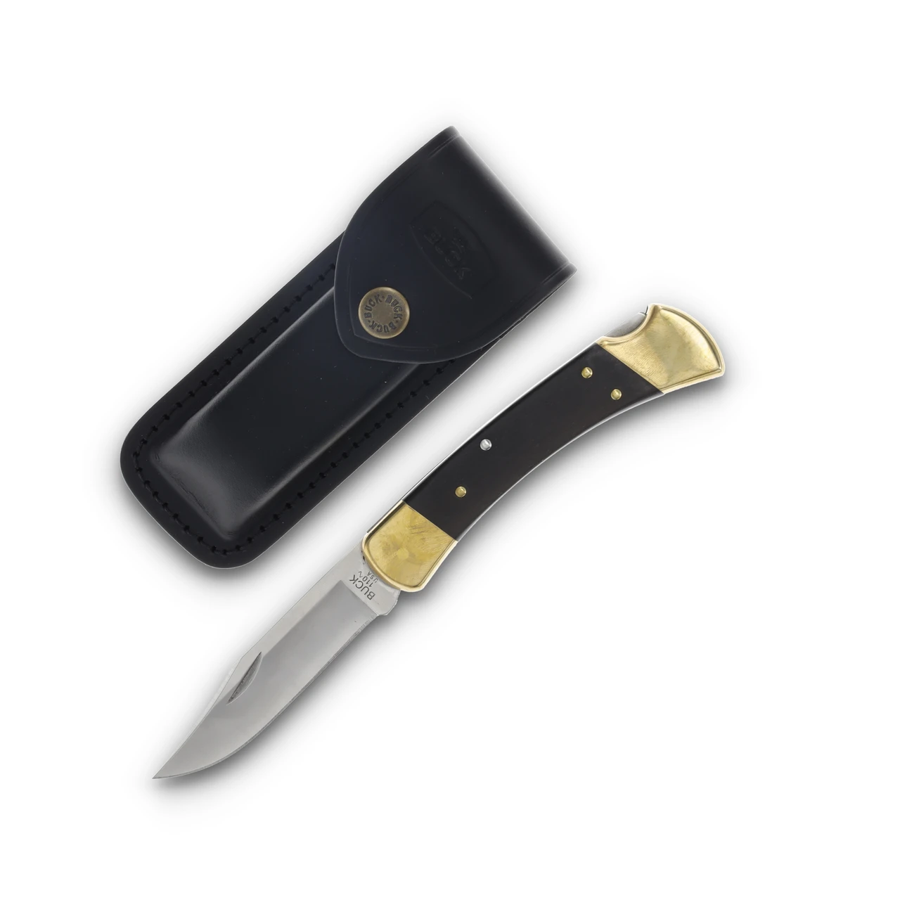 Buck 110 Folding Hunter 3.75" Blade, Ebony Wood Handles, Leather Sheath