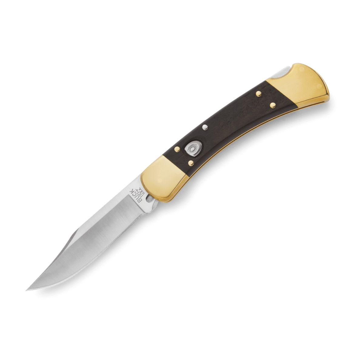 Buck 110 Folding Hunter 3.75" Blade, Ebony Wood Handles, Leather Sheath